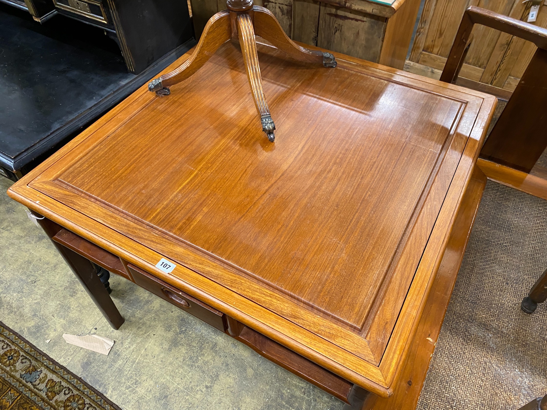 A Chinese square padouk wood four drawer games table, width 90cm, depth 90cm, height 74cm